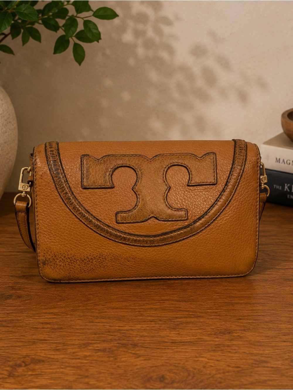 Tory Burch All T Combo Brown Pebbled Leather Crossbody Shoulder Bag Purse - Picture 2 of 6